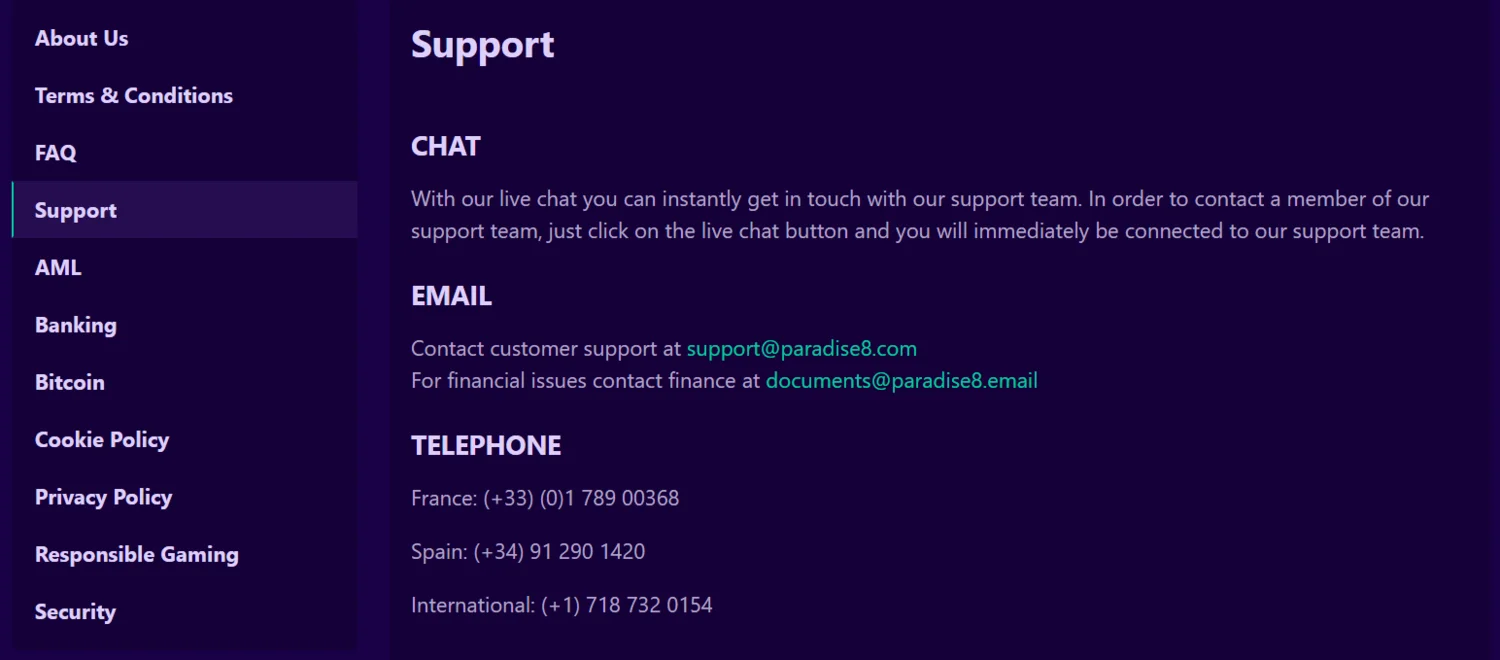 Paradise 8 Casino Customer support